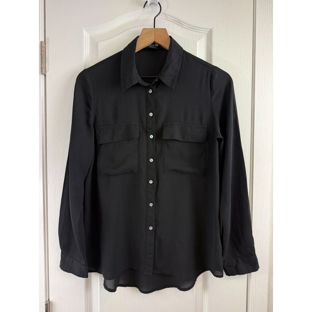 Forever 21 Womens Small Black Sheer Chiffon Button Down Blouse Dual Pocket